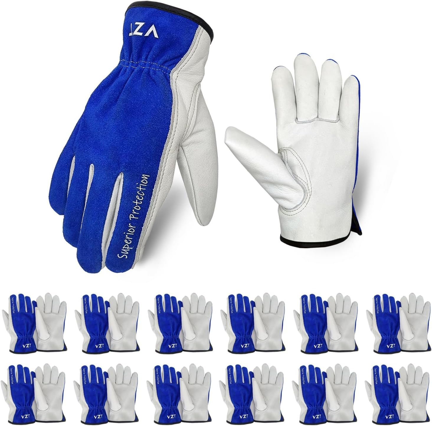 12 Pairs Bulk Leather Work Gloves for Men or Women for Construction, Wood cutting, Driving, Gardening, Automotive Repair, Soft, Cowhide, Class 4 Abrasion Resistant, Blue-White, XXL.