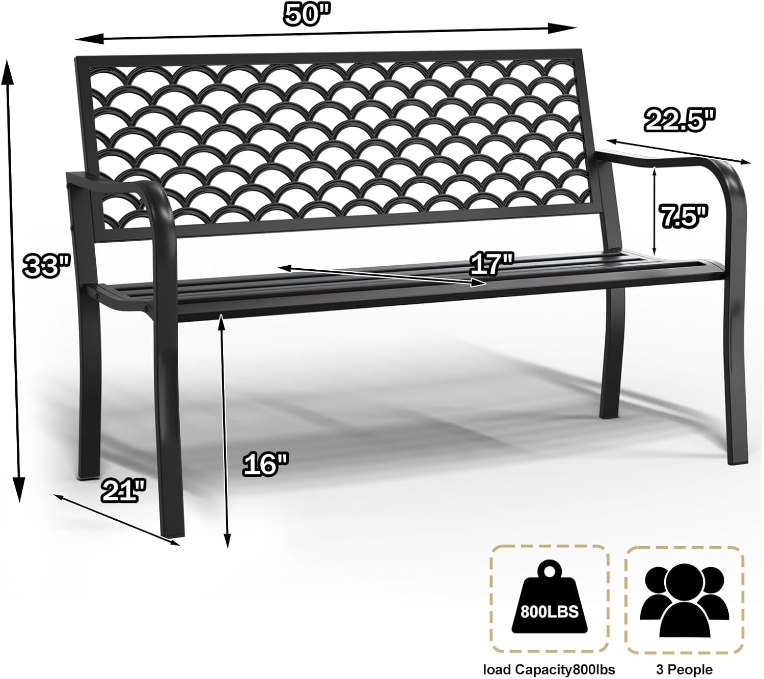50" Heavy Duty Outdoor Bench, Wrought Iron Weatherproof Garden Bench Black Metal Patio Bench for Park Proch Yard 880lbs