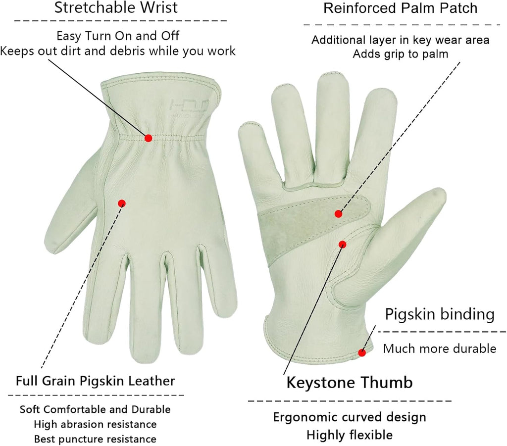 HLDD HANDLANDY Leather Work Gloves for Men & Women, Adjustable Wrist Cowhide Gardening Glove with Reinforced Palm for Driver