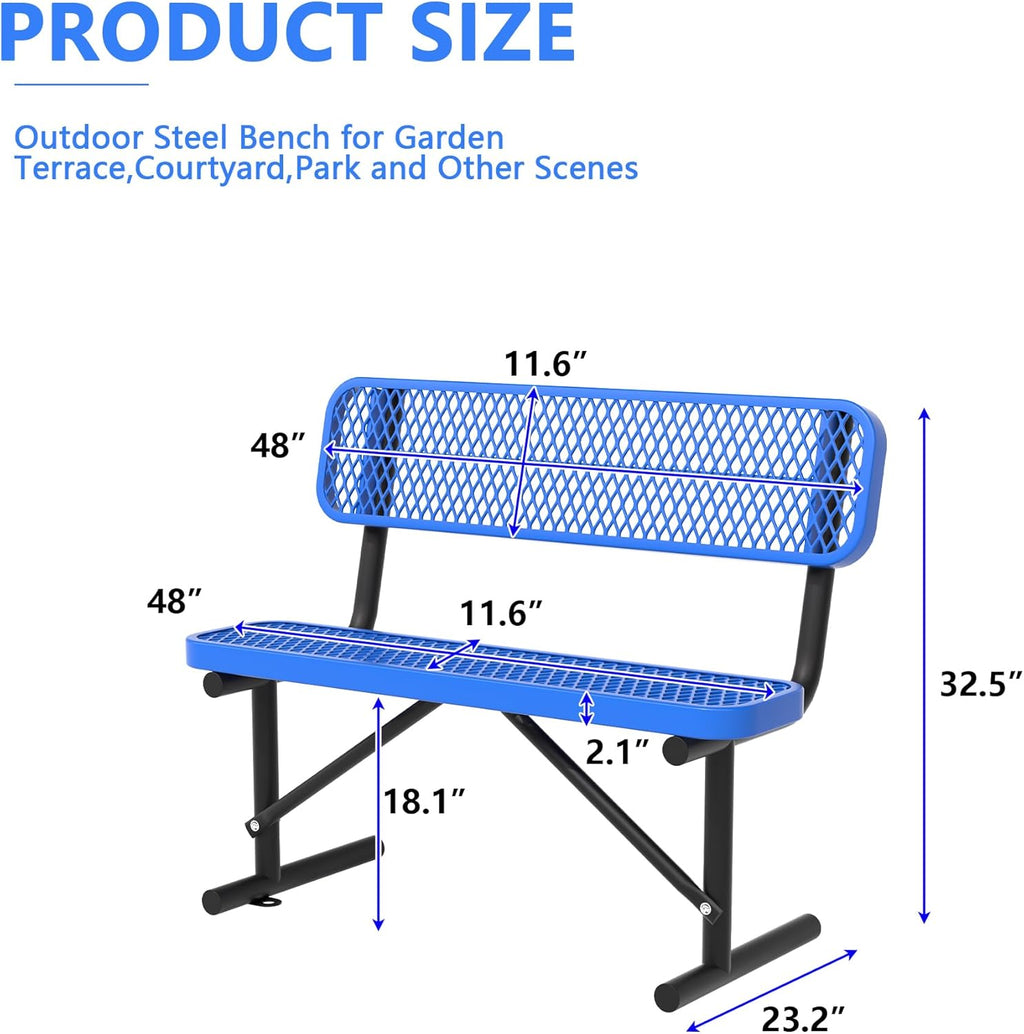 4 Feet Heavy Duty Metal Park Bench for Outside, Outdoor Steel Bench with Backrest & Portable Frame, Commercial Benches for Shopping Malls/Stores/Parks/Patios/Decks/School,Blue