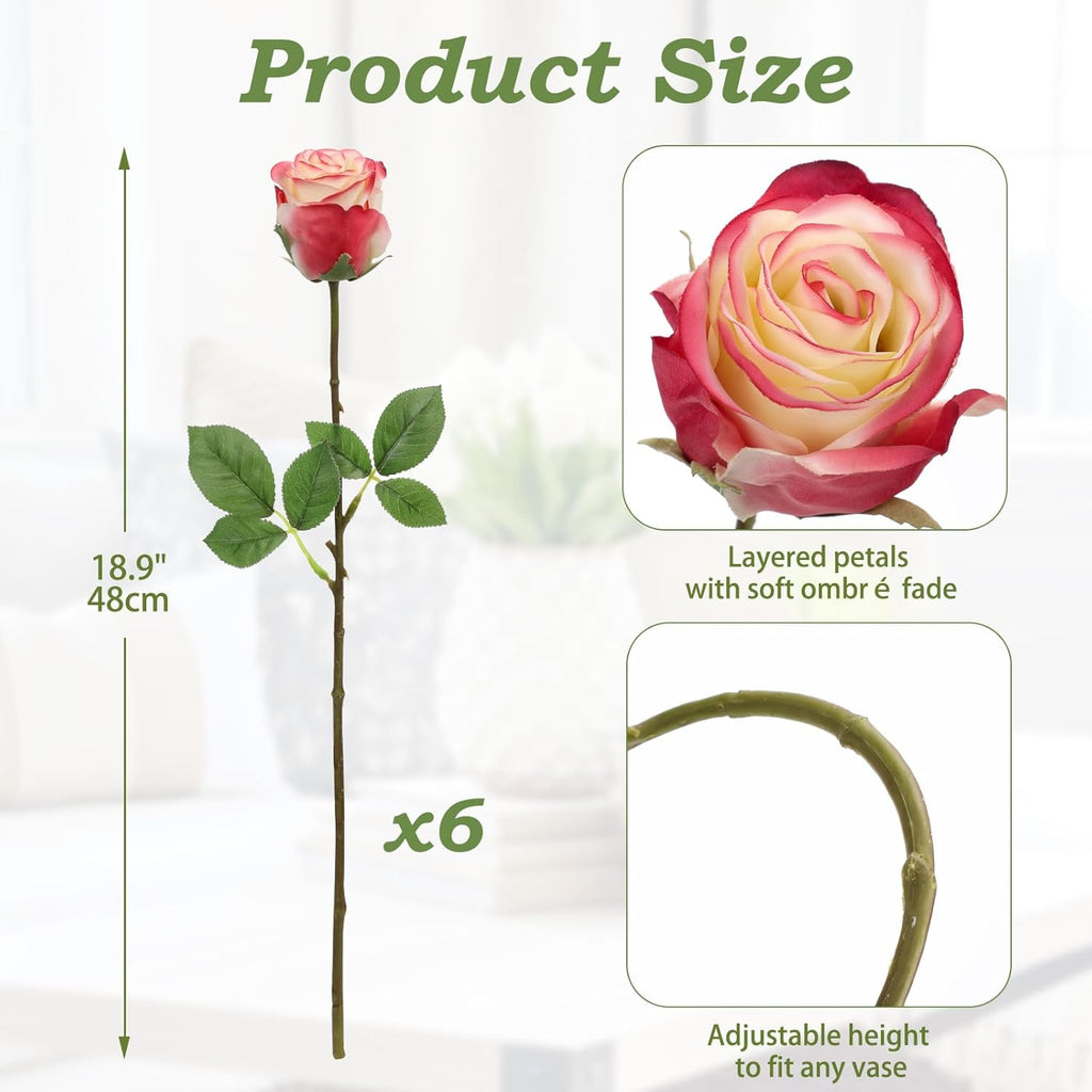 Briful Roses Artificial Flowers– 6PCS 18.9" White Red Rose Silk Flowers with Long Stems Realistic Fake Rose Bouquet for DIY Wedding Arrangements Table Vase Centerpieces Home Event Decor
