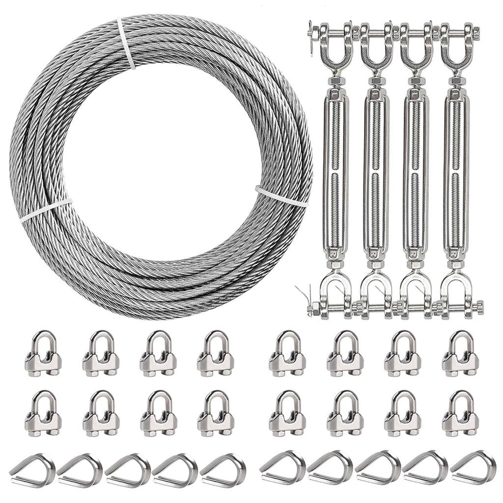1/4" Wire Rope Kit, 100ft Stainless Steel Cable with 4Pcs 1/4 Turnbuckle, Clamp & Thimble, 7x19 Strands Heavy Duty Metal Cable,1400 lbs Load Limit, Turnbuckles for Cables Wire, Zipline