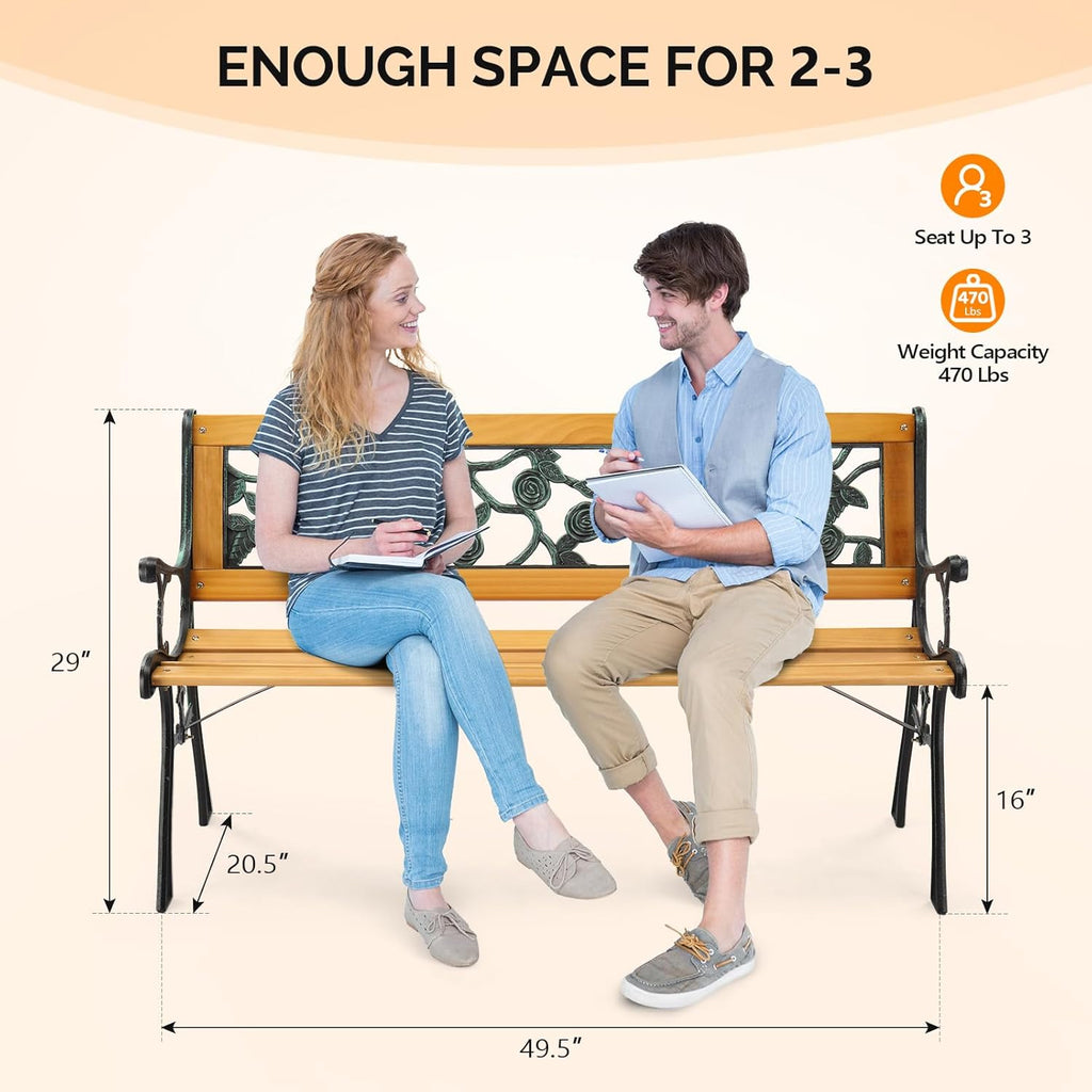 VINGLI Outdoor Bench Metal Garden Bench, Wood Patio Benches w/PVC Backrest Cast Iron Love Seat Park Benches for Porch Yard (Rose)