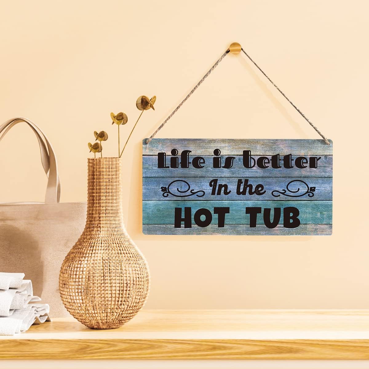Qious Hot Tub Sign Funny Farmhouse Life is Better in the Hot Tub Wooden Hanging Sign Rustic Retro Wall Art Decor for Home Decoration 12 x 6 Inches…