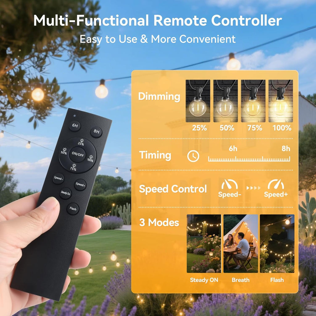 HJQ 120FT(60x2) Solar String Lights Waterproof, Patio Lights Solar Powered with Remote & USB Port, 40+2 LED Shatterproof Bulbs, 3 Modes, Dimmable Solar Lighting Hanging for Camping Backyard Garden