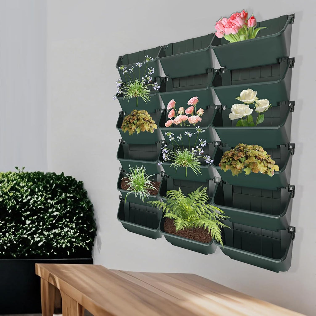 Eapmic Vertical Wall Planter with 18 Pots, Hanging Garden Plant Flowerpot Holder, Stackable Wall-Mounted Planter, Balcony Planters for Flowers Vegetables Fruits (Dark Green, 18 Pots)