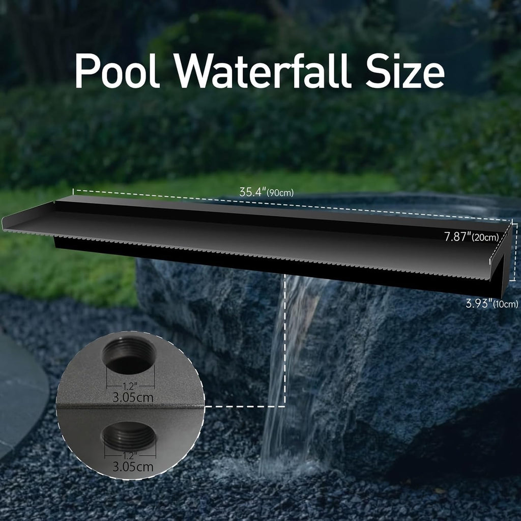 Pool Fountain Stainless Steel Pond Waterfall Spillway Kits for Indoor/Outdoor Decorative, 36 Inches Black Pool Water Feature for Garden Patio, Backyard Koi Pond Decor(No LED Light)