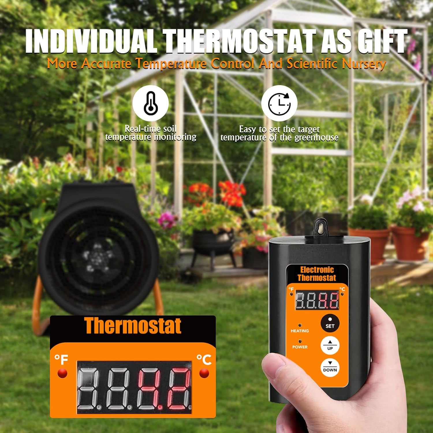 Gardtech Greenhouse Heater with Digital Thermostat, 1500W Portable Outdoor Heater with Overheat Protection, Grow Tent Heaters [Stronger air volume] Fast Heating for Patio, Garage, Flower House(Orange)