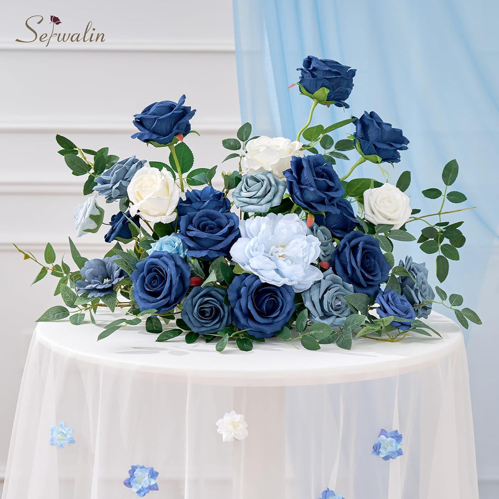 Serwalin 20pcs Navy Blue Artificial Roses, 4" Real Touch Silk Velvet Flowers, Long Stems Bouquet for Wedding, Home Decor, Table Centerpieces