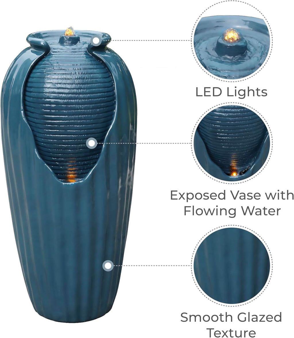 Teamson Home 32 in. Outdoor Contemporary Glazed Contoured Vase Water Fountain with LED Lights to Create a Calming Oasis in Gardens and Landscaping, on Patios, Balconies, Lawns, Teal Blue