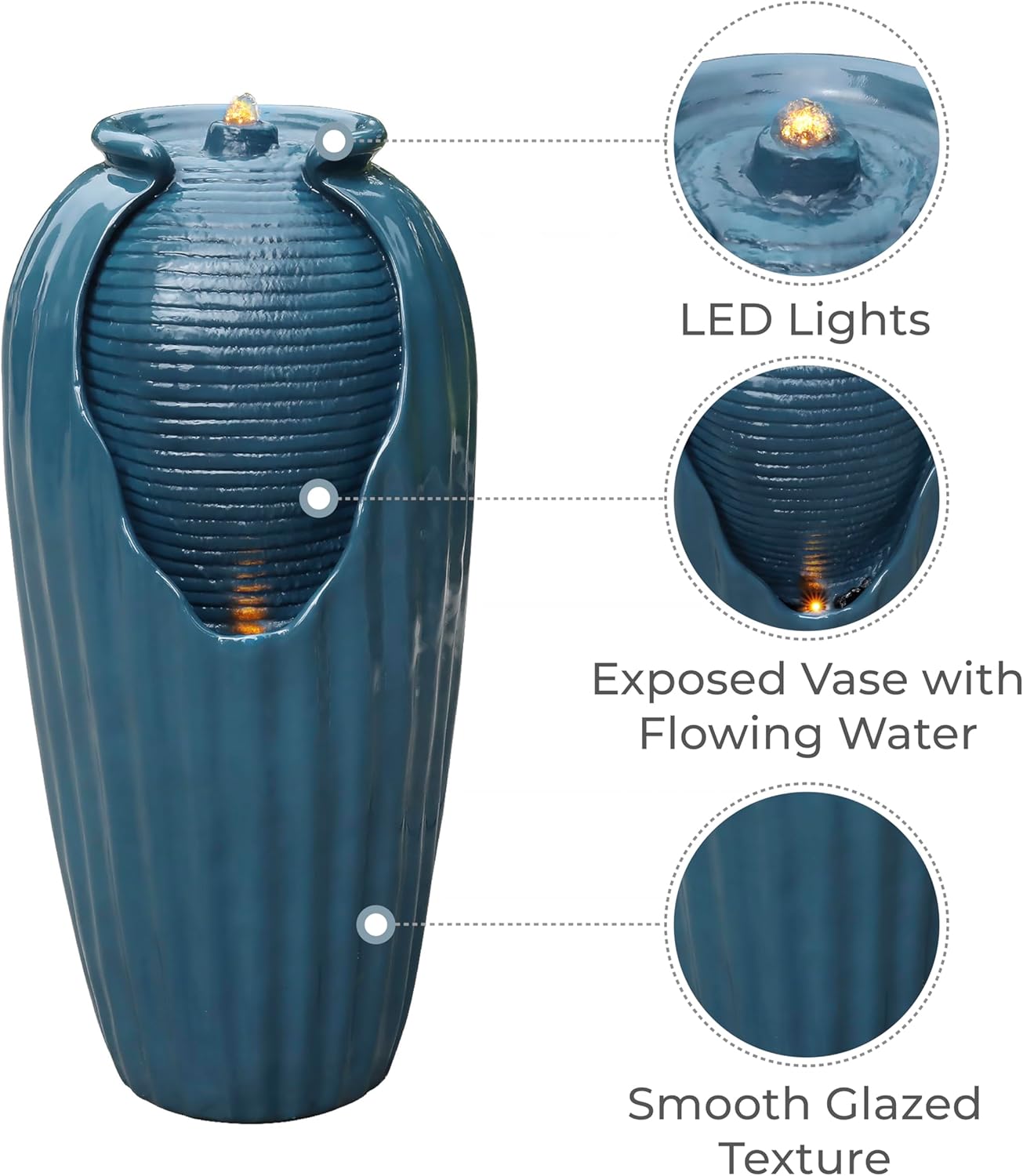 Teamson Home 32 in. Outdoor Contemporary Glazed Contoured Vase Water Fountain with LED Lights to Create a Calming Oasis in Gardens and Landscaping, on Patios, Balconies, Lawns, Teal Blue