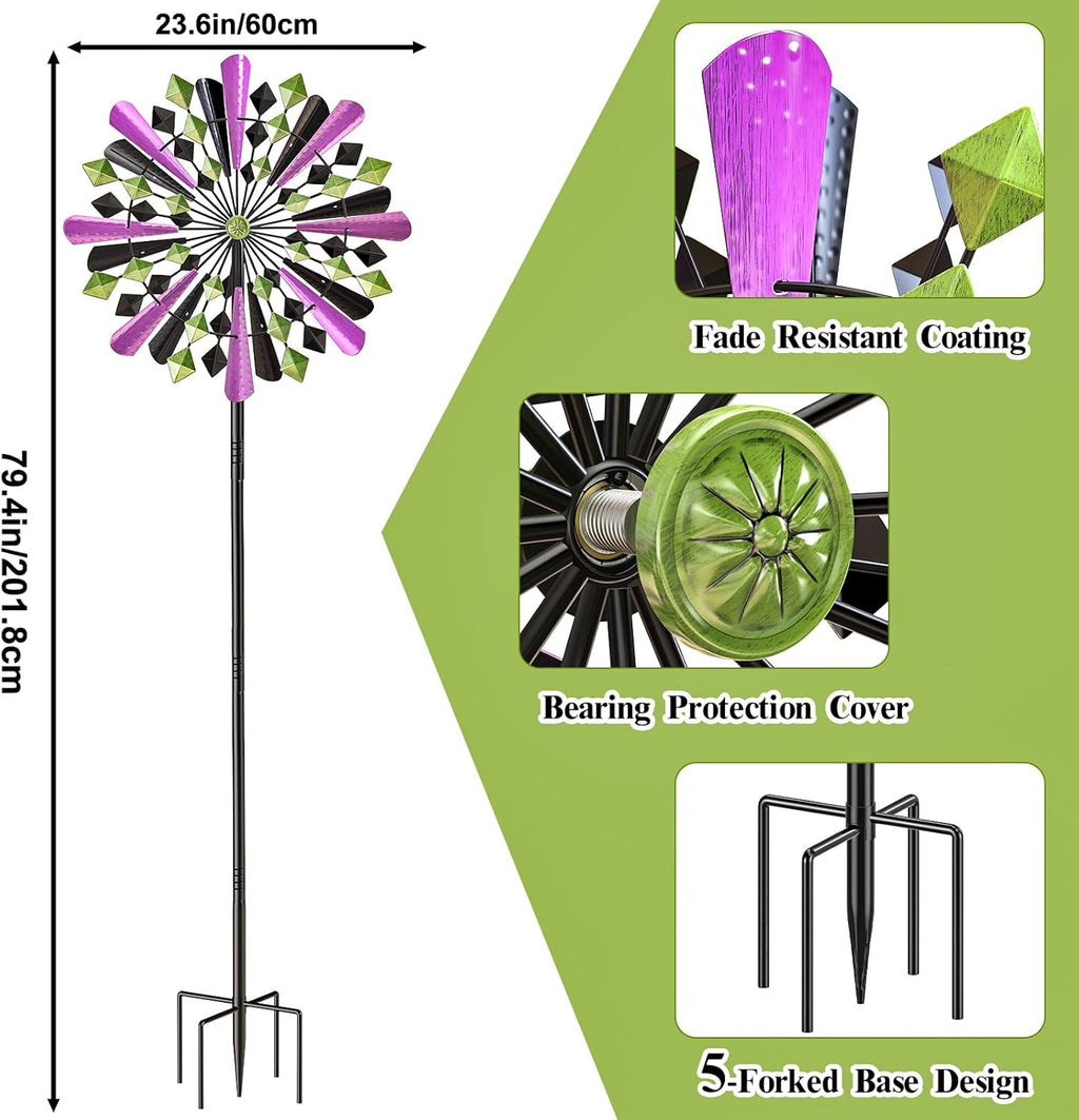 Large Wind Spinners Outdoor, 23.6" W x 79.4" H Metal Yard Wind Sculptures, 360 Degrees Kinetic Spinner Windmills Garden Art Decor Pinwheels for Outside Patio Lawn (Purple+Green)