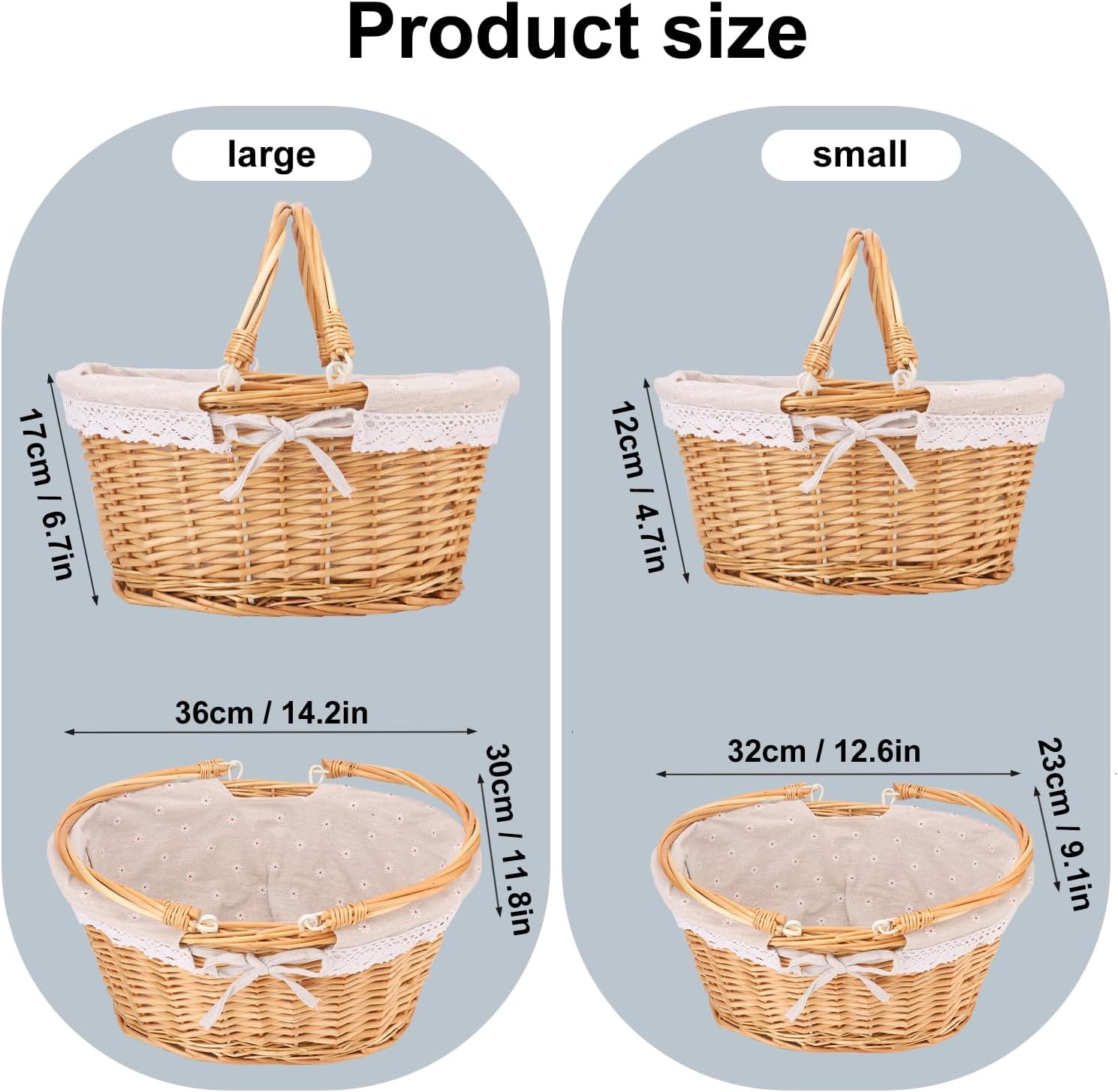 2 Pack Natural Wicker Basket with Linen Lining, 14 & 12 Inch Wicker Woven Picnic Basket with Handle for Picnic, Camping, Outdoor Party