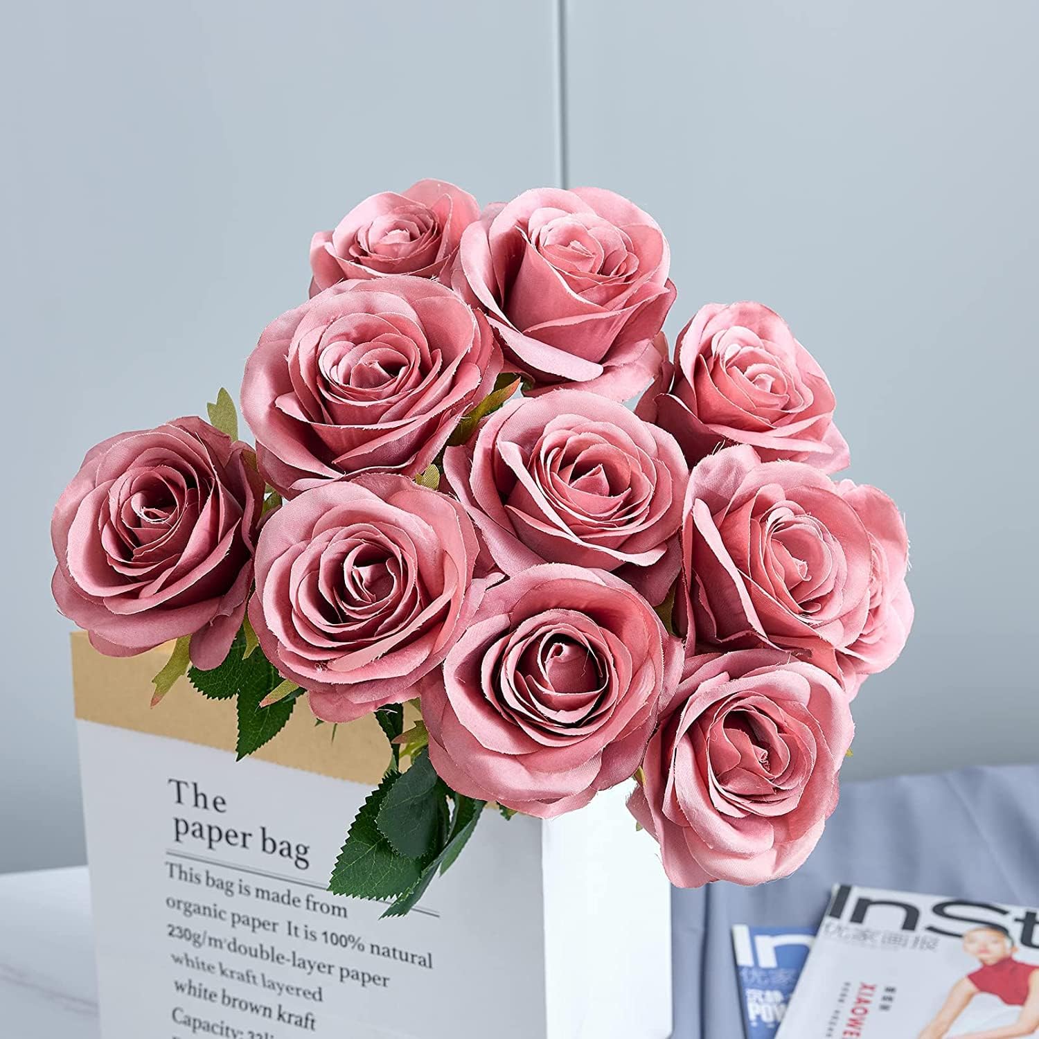 12pcs Roses Artificial Flowers Fake Roses Dusty Rose Pink Silk Roses Silk Flowers Rose with Long Stems for Wedding Home Party Centerpieces Decorations