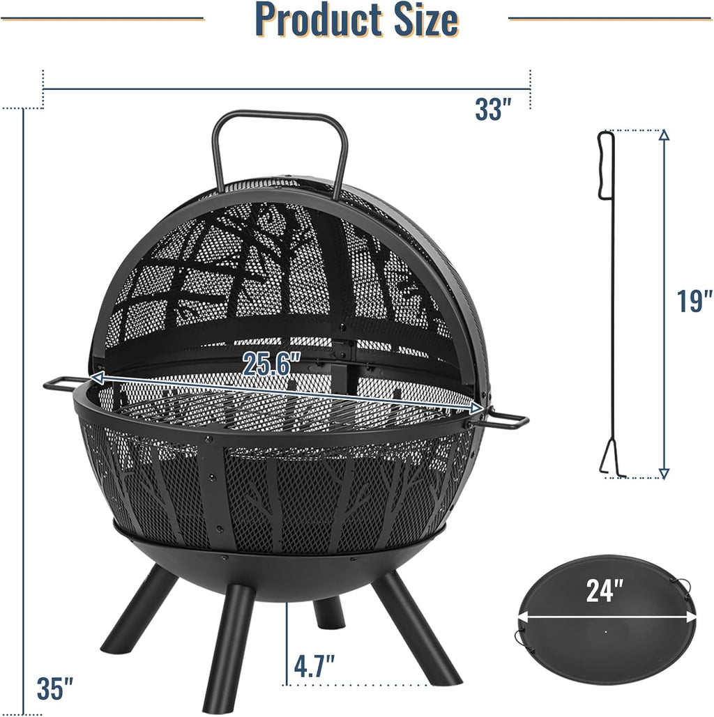 35 Inch Wood Burning Fire Pit with BBQ Grill, Heavy Duty Fire Pits Ball for Outside with Spark Screen & Removable Ash Pan, Outdoor firepit & Fireplace for Bonfire in Garden, Yard