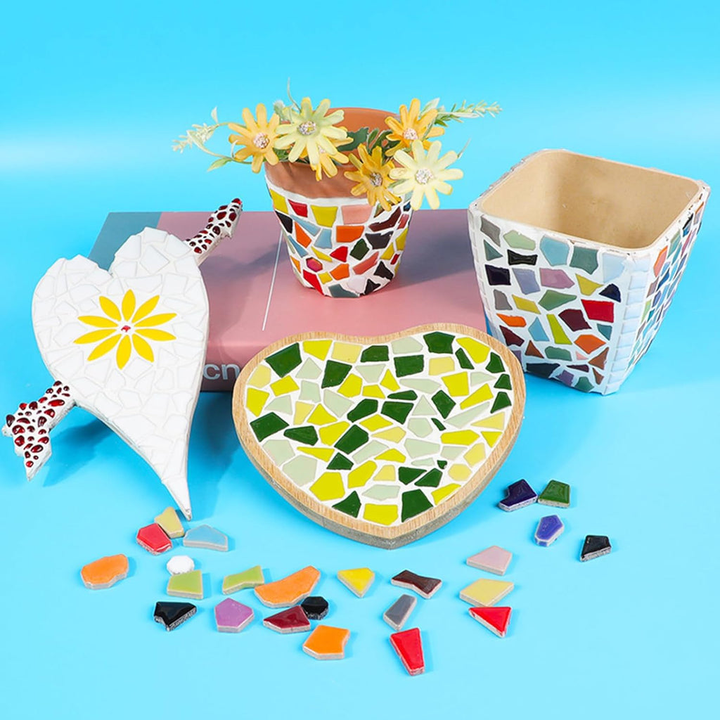 Mosaic Tiles for Crafts Assorted Color Ceramic Glitter Mosaic Supplies Pieces Bulk Square Triangles Trapezoids Polygons Irregular Size, 200g (Red Yellow Mix)