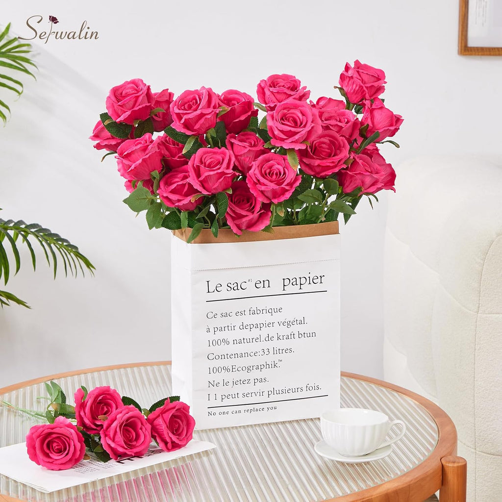 Serwalin 30pcs Artificial Silk Roses Flowers, Hot Pink Artificial Roses with Long Stems Bulk Realistic Fake Roses Flowers for DIY Wedding Bouquet Centerpieces Party Home Table Decor