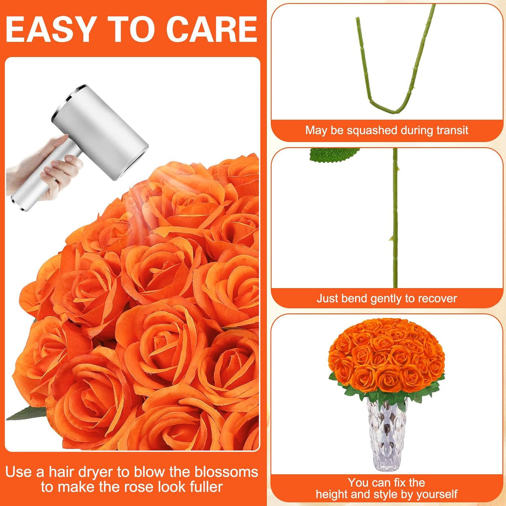 36 Pcs Orange Artificial Roses with Long Stems, Fake Silk Rose Artificial Flowers Bulk for Bridal Wedding Bouquet Centerpiece Ball Arrangement Party Decor