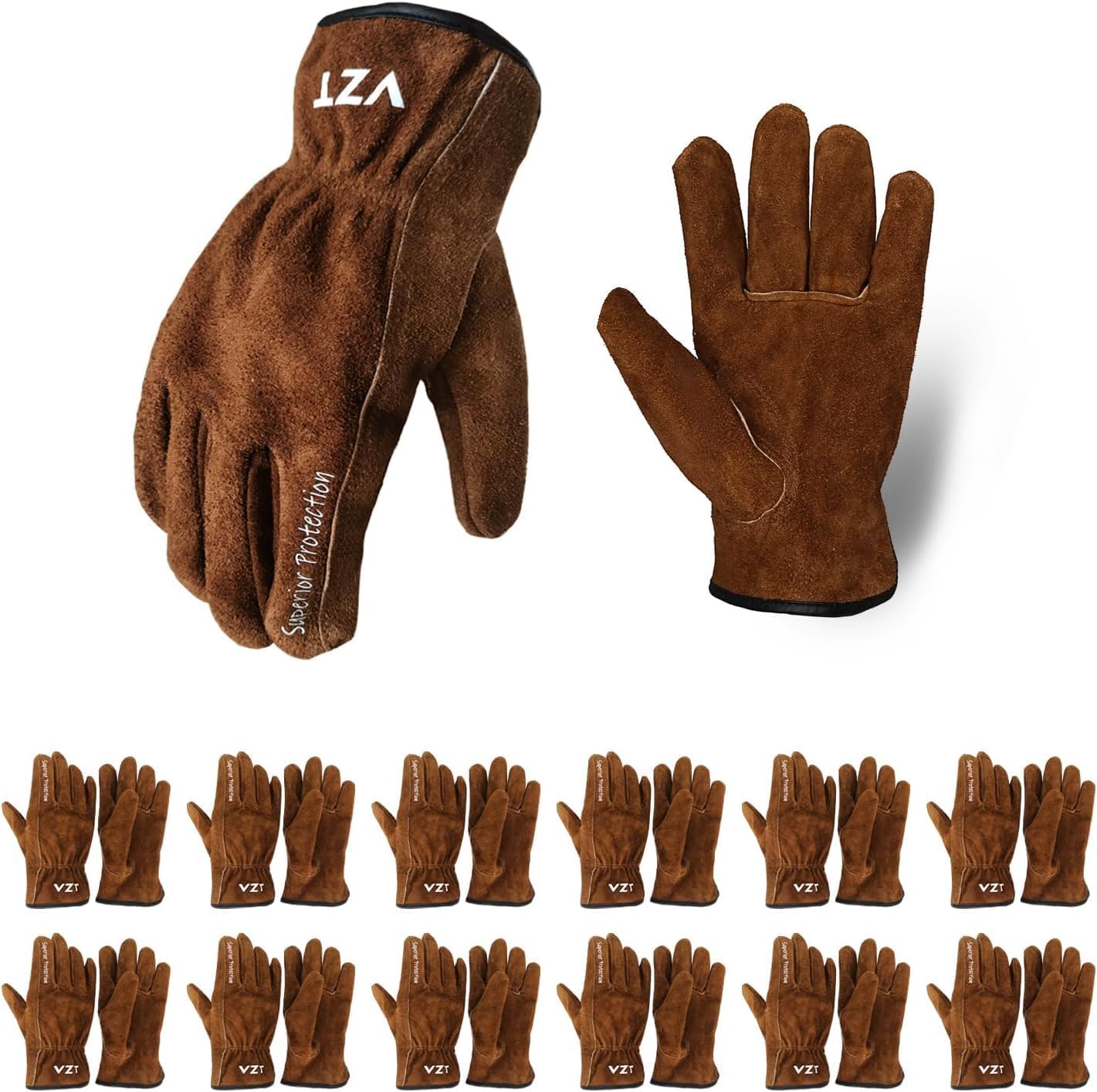 12 Pairs Bulk Leather Work Gloves for Men or Women for Gardening, Construction, Truck, Driving, Farm, Ranch, Woodworker, Soft, Cowhide Thickened, Water Resistant, Brown, 2X-Large