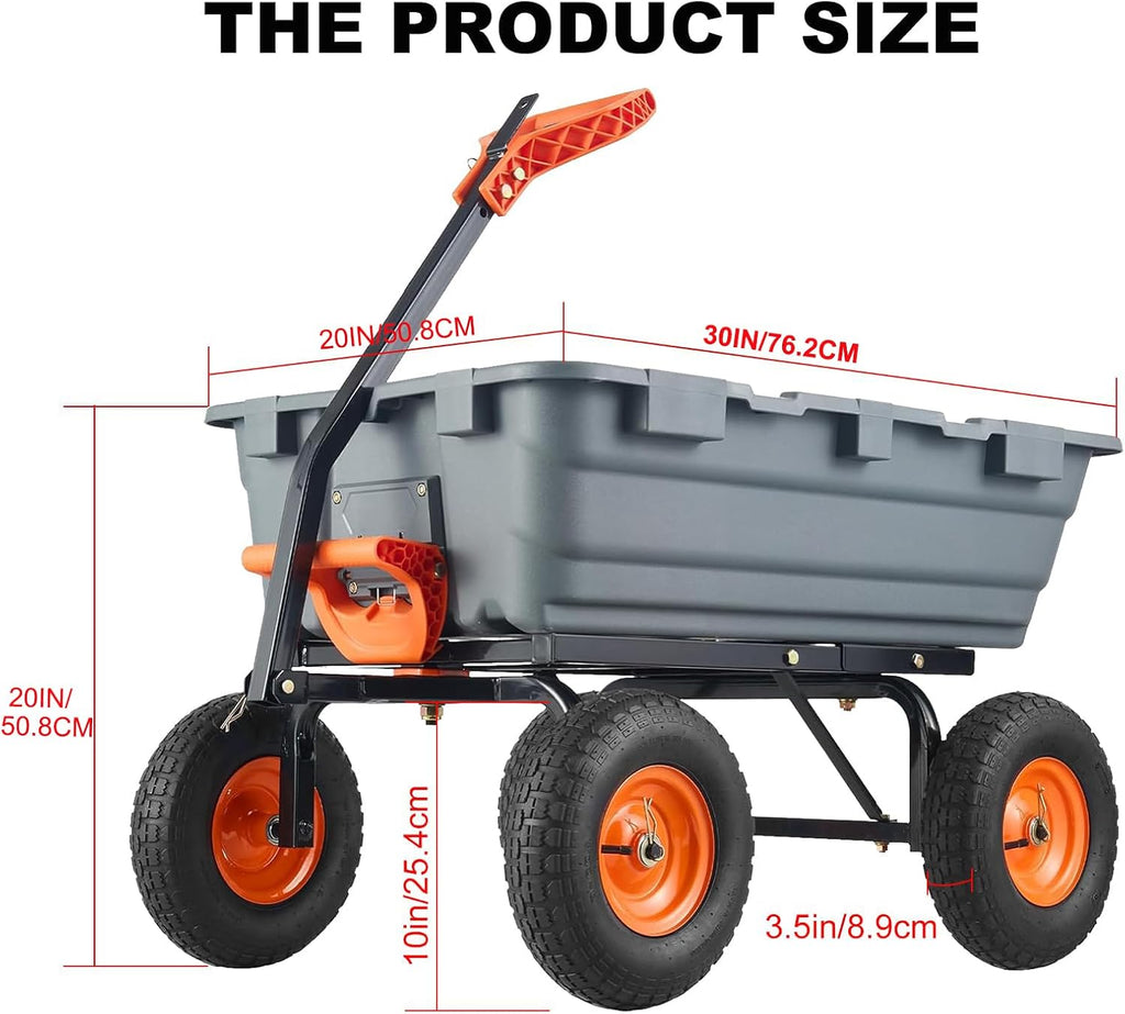 900 Lbs Poly Garden Dump Cart, Heavy-Duty Wheelbarrow with 10-Inch Tires, 180° Rotating Handle, Steel Frame and Quick Release System Garden Dump Cart for Soil Plants Gardening Tools Wood