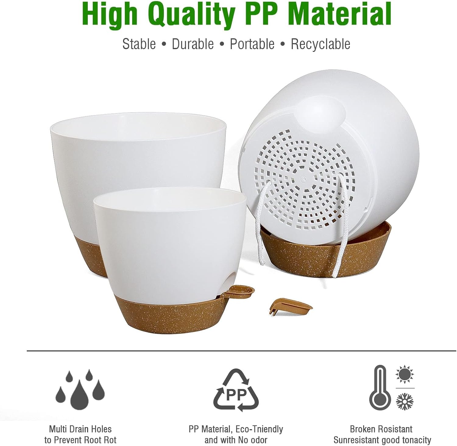 10/9/8 inch Self Watering Pots, Set of 3 Plastic Planters with Mesh Drainage Holes and Deep Reservoir for Indoor Outdoor Garden Plants and Flowers, White with Brown