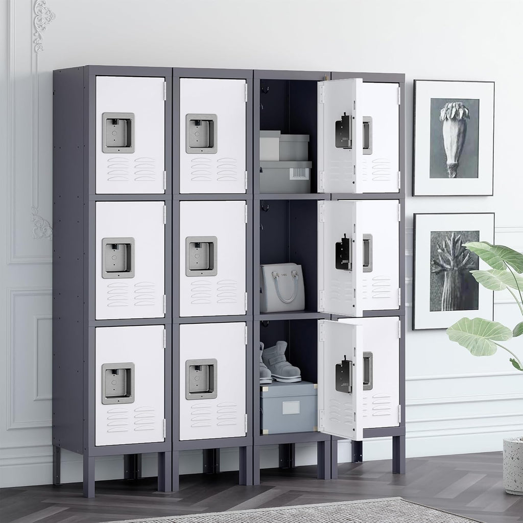 Metal Locker for School Home Office Gym, Steel Storage Lockers for Employees Students, 3 Tier Metal Storage Locker Cabinet with 3 Doors (Grey White)