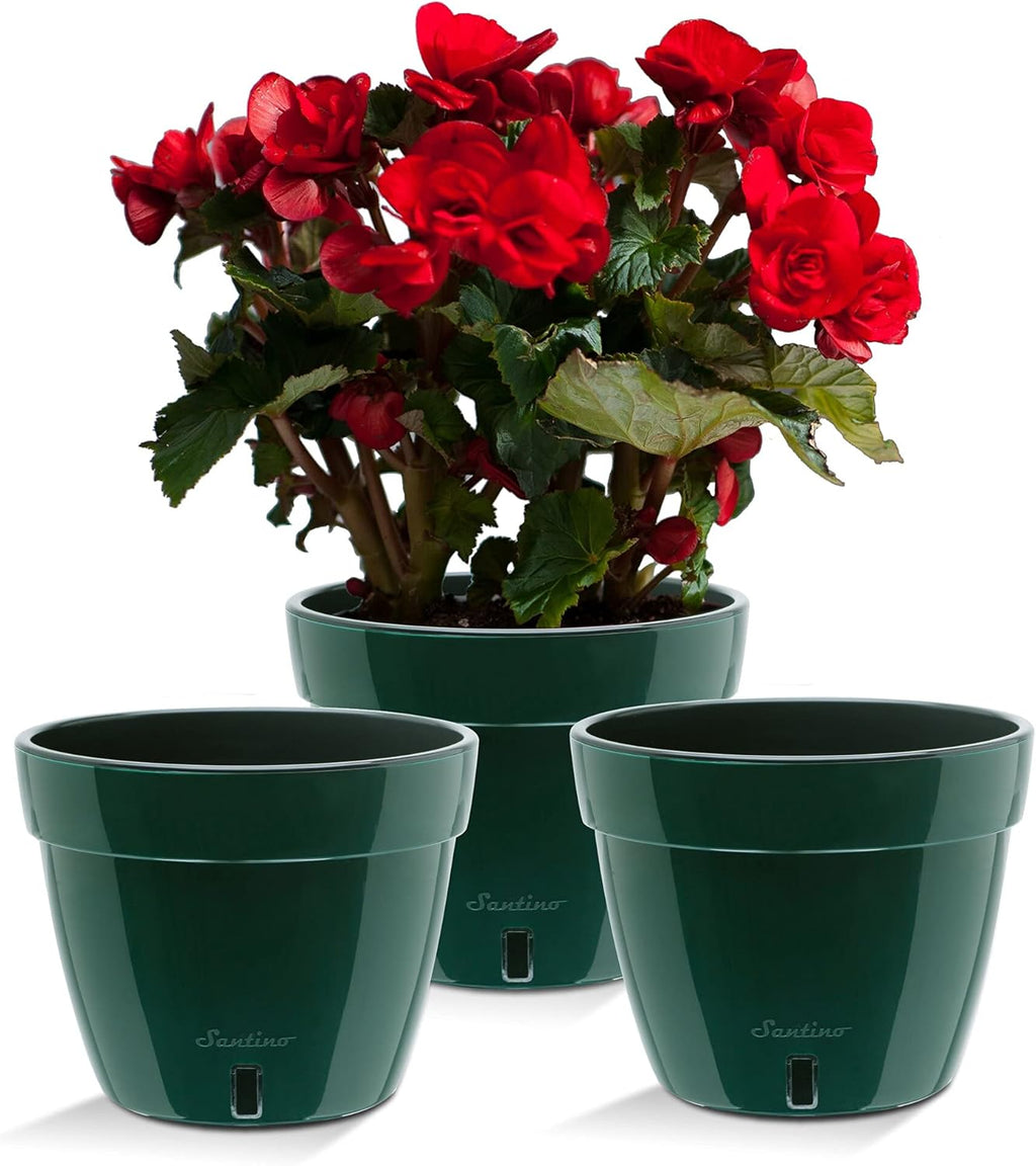 Santino ASTI 9.2 Inch Self Watering Planters Green/Black (Set of 3) for Indoor Plants - Premium Quality Modern Plastic Pot w/Water Level Indicator for All House Plants, African Violets and Dahlias