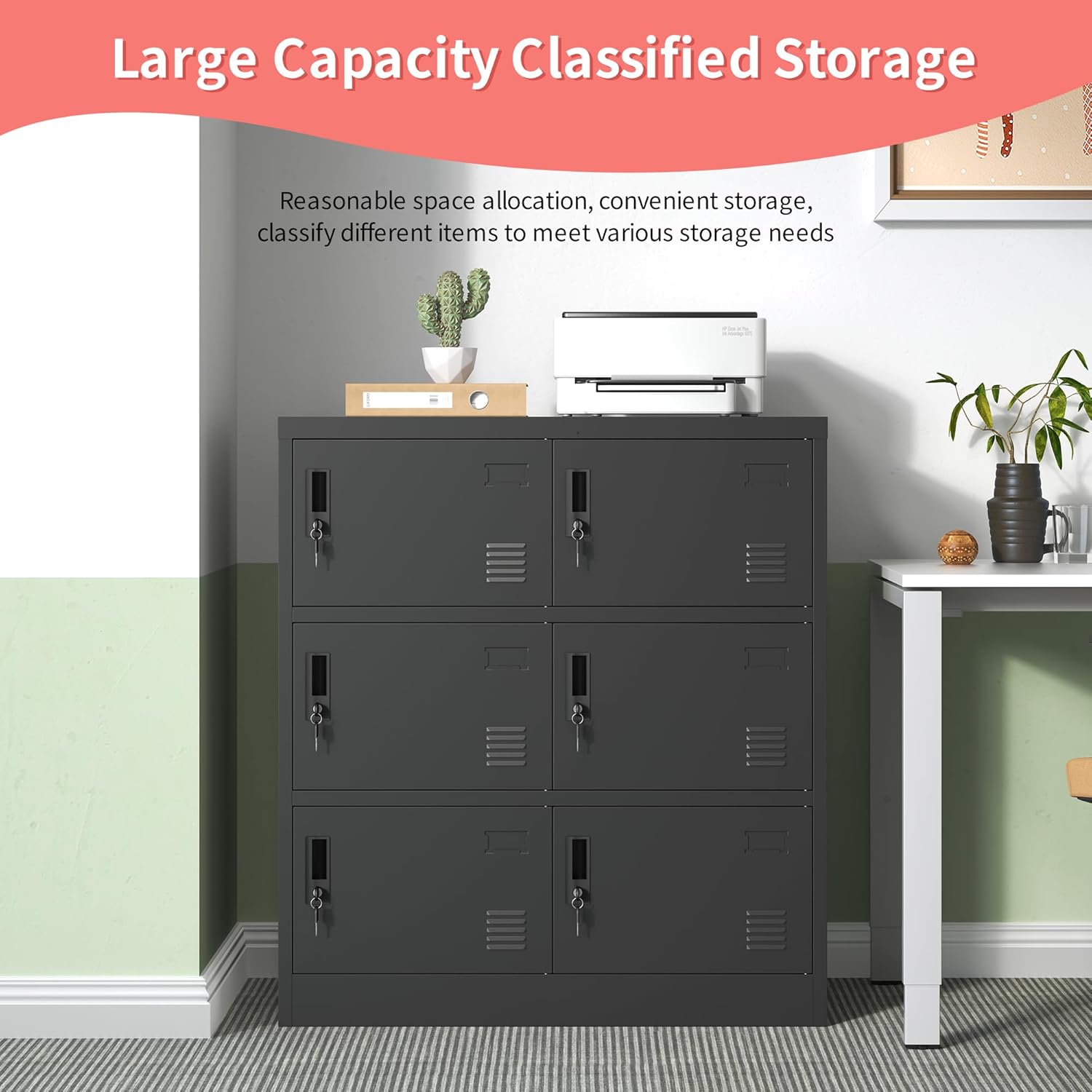 Metal Lockers for Employees, Office Storage Locker with 6 Doors, Black, 35.43" W x 15.75" D x 39.37" H, Steel Staff Locker Storage Cabinet for Gym, Home, School, Garage, Assembly Required
