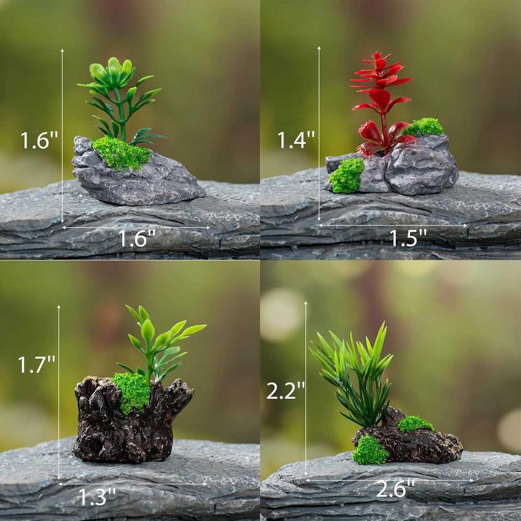 Miniature Fake Stone Rocks, Trees with Plants - 7 Piece Decorative Landscape Ornaments for Train Railway Sand Table Fairy Garden Accessories
