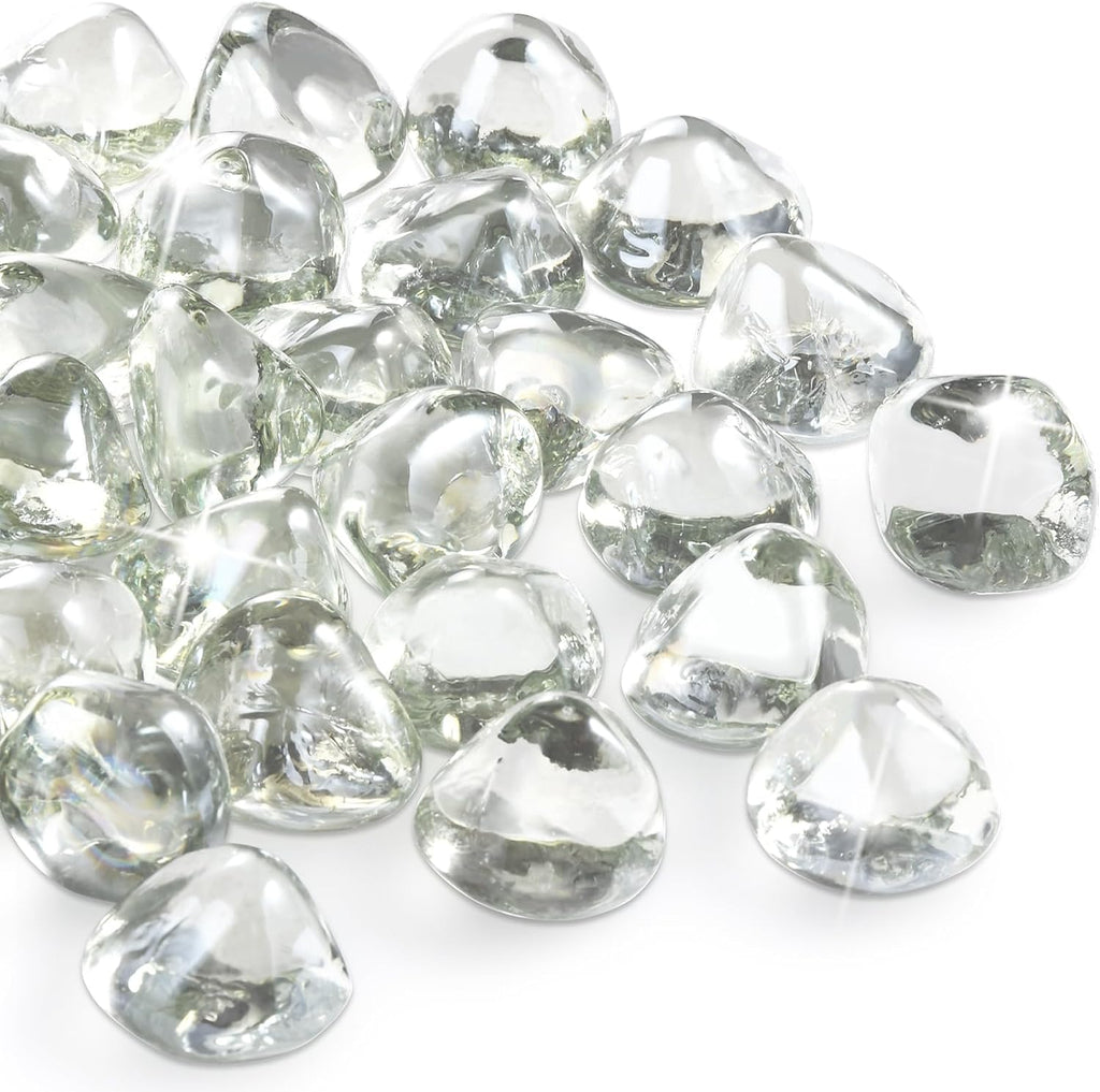 Firepit Glass, Clear Fire Glass Rocks for Propane Fire Pit, Fireplace, and Outdoor Decoration, High Luster 1 Inch Diamonds 10LB