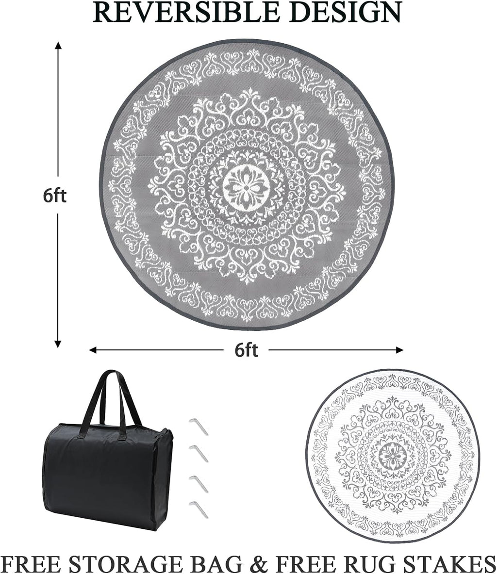 Pauwer Waterproof Outdoor Rug 6ft, Reversible Plastic Straw Patio Camping Rug, Indoor Outdoor RV Mat Carpet for Deck, Camper, Porch, Balcony, Backyard, Picnic, Floral Grey