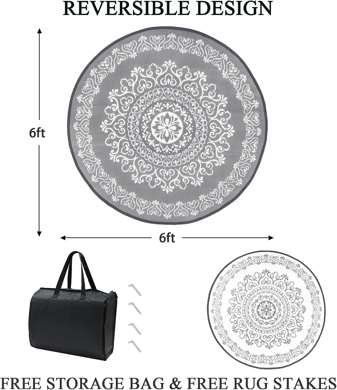 Pauwer Waterproof Outdoor Rug 6ft, Reversible Plastic Straw Patio Camping Rug, Indoor Outdoor RV Mat Carpet for Deck, Camper, Porch, Balcony, Backyard, Picnic, Floral Grey