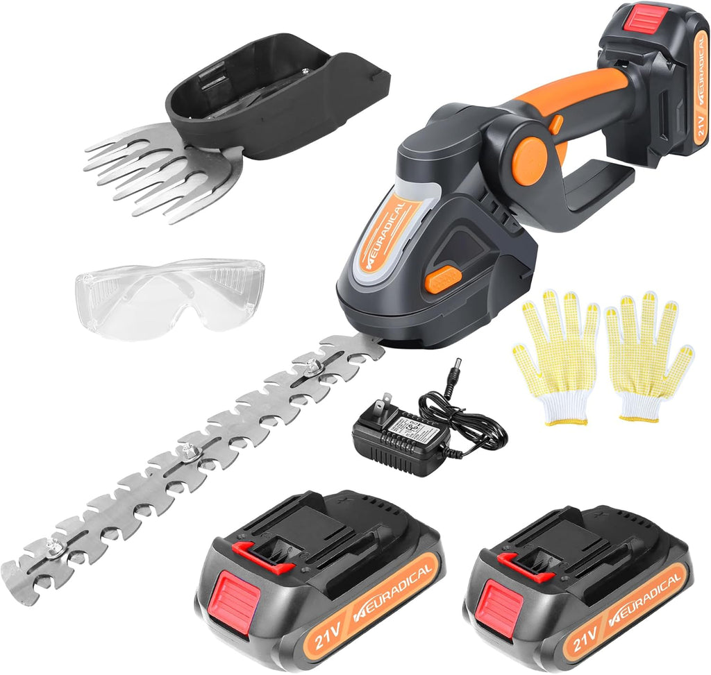 21V Cordless Hedge Trimmer & Grass Shear with 2 PCS Battery - 2 in 1 Handheld Electric Hedge Shears/Grass Cutter, Shrub Trimmer Bush Trimmer, Battery and Charger Included