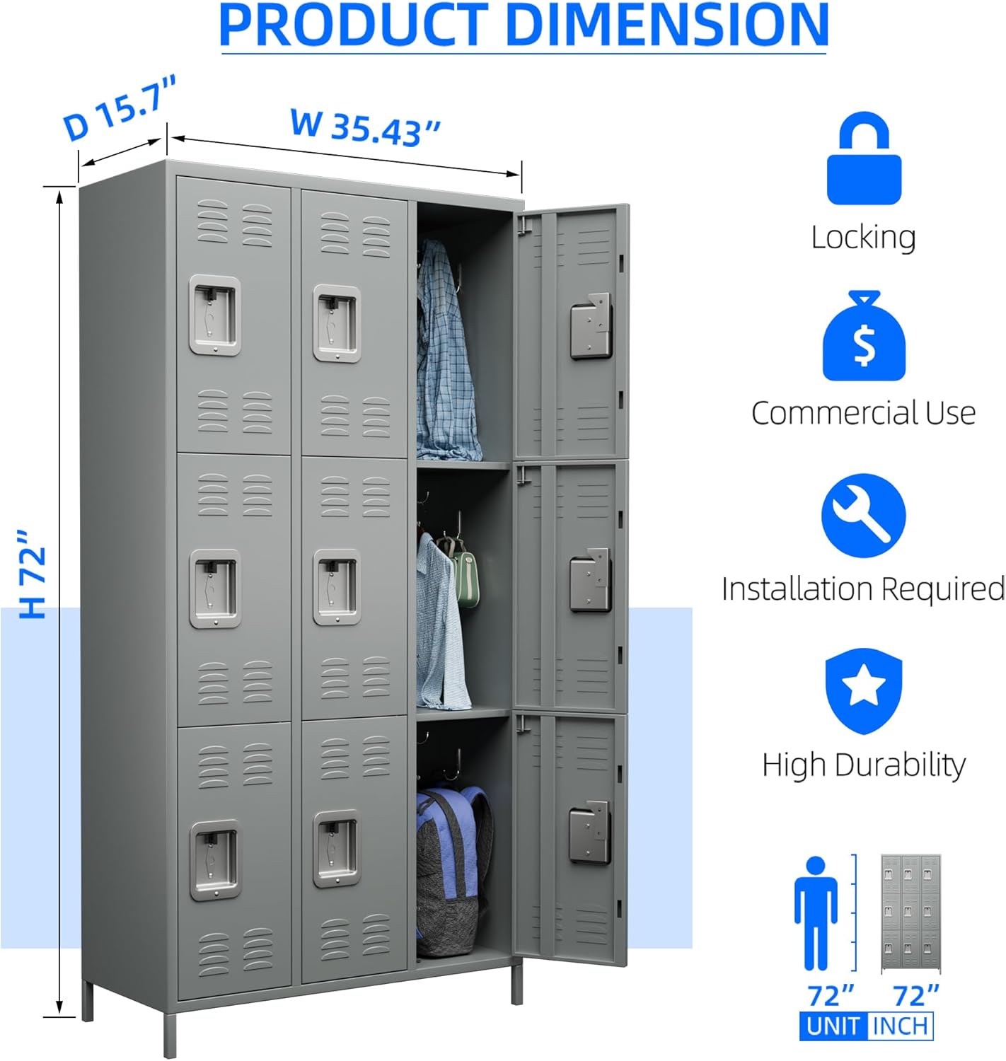 METAN Metal Storage Locker for School Office Gym Bedroom, 9 Doors Locker Cabinet for Employees, Industrial Steel Storage Locker with 18 Hooks, Assembly Required (9 Door-Light Gray)