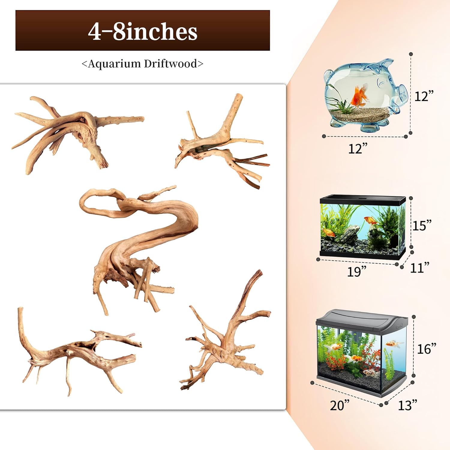 majoywoo Natural Driftwood for Aquarium Decor Fish Tank Decorations, Assorted Spider Wood Branch 4-8" 5 Pcs, Reptile Decor