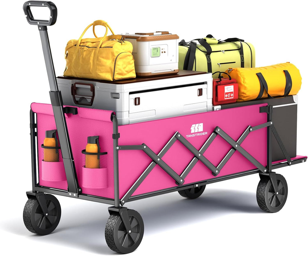 Collapsible Wagons Carts Foldable with Extended Tailgate, Folding Wagon Cart on Wheels, Portable Heavy Duty Shopping Carts for Groceries, Apartment, Garden, Camping, Sports, Outdoor (Pink)