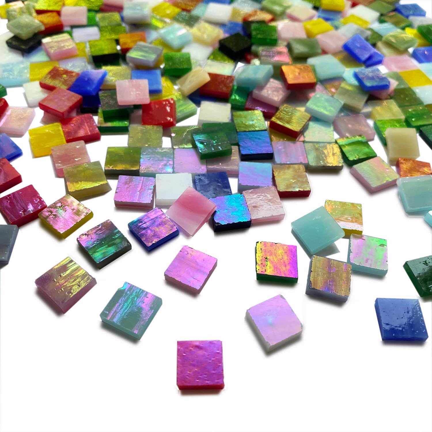 610 Pieces Iridescent Square Glass Mosaic Tiles, Colorful Stained Glass Sheets for Crafts, Stained Glass Supplies, KALUCION Rainbow Mosaic Kit for Adults
