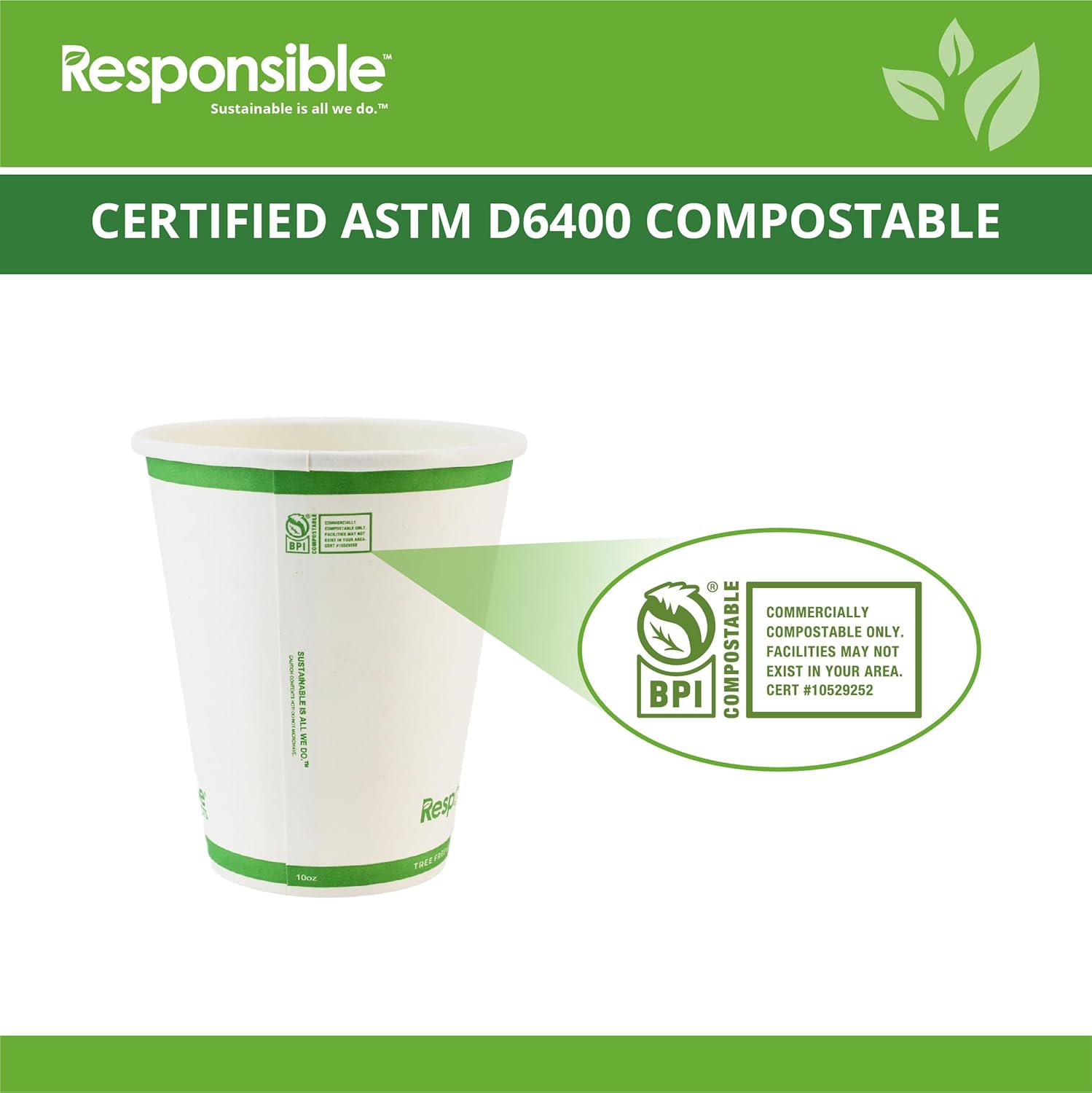 10 oz Paper Hot Cups, Tree-Less™ Compostable Paper Coffee Cups, Extra Strength, Tree-Free and Made Without PFAS, White (1000 Count)