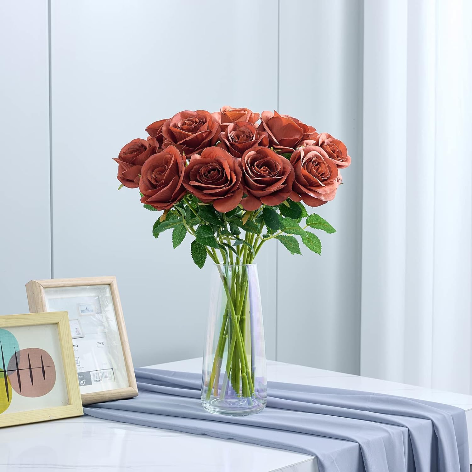 12pcs Rust Orange Rose Artificial Flowers Faux Roses Silk Roses Orange Silk Flowers with Long Stems for Wedding Baby Shower Home Decor Party Centerpieces Table Decorations