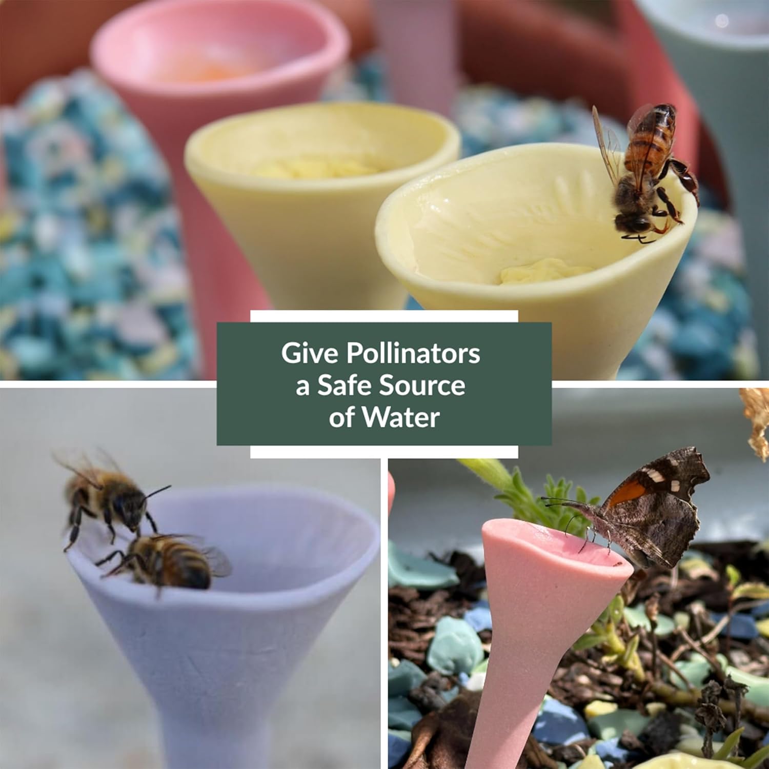 5 Pack, Bee Watering Station, 100% Handmade Porcelain, Bee and Butterfly Feeder for Garden, Outdoor Feeders for Thirsty Pollinators, Plastic Free, Bee Attracting Glaze (5, Bold Variety)