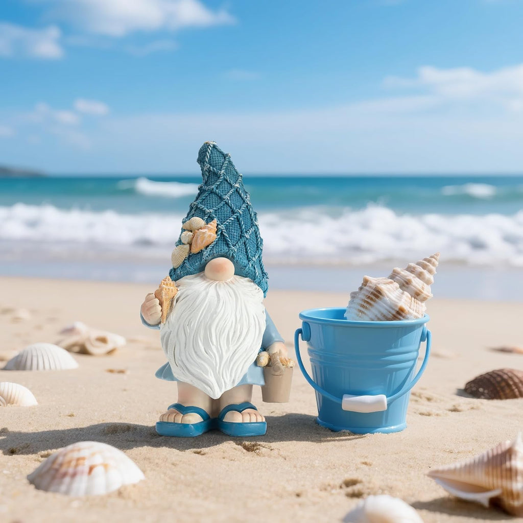 Garden Sea Gnome Statue Decoration Indoor Resin Beach Gnome Sculpture for Home Office Desktop Bathroom, Summer Pool Decoration Gifts (Carrying Bucket of Shells)