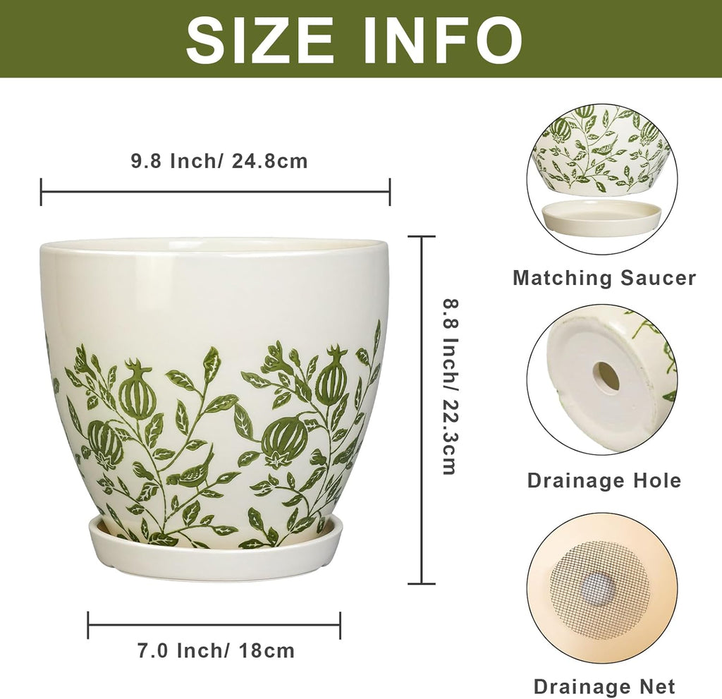 10 Inch Plant Pot - Ceramic Planter with Drainage Hole and Saucer, Boho Round Decorative Flower Pot for Indoor Plants, Housewarming Gifts, Office Garden Home Outdoor Decor, White