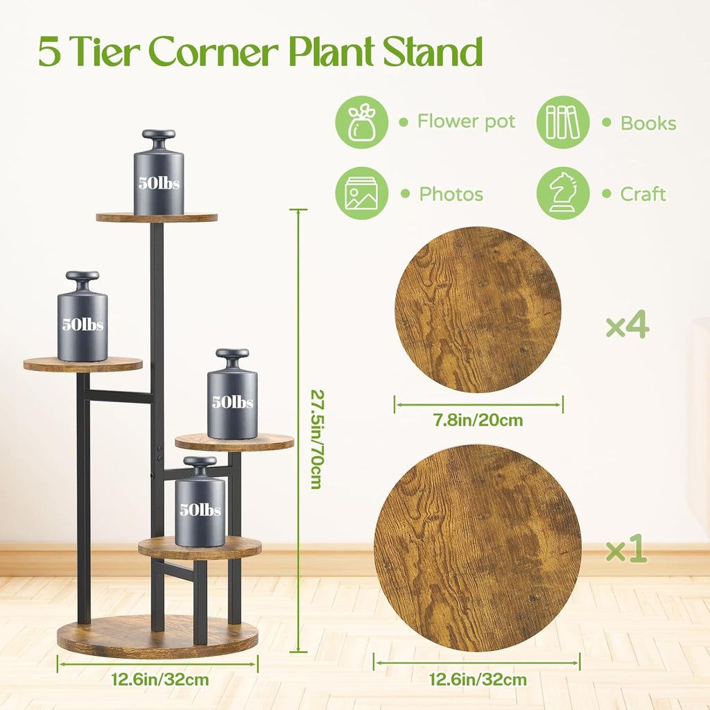 5 Tier Plant Stand Indoor, Metal Wood Flower Holder, Heavy Duty Tall Round Multiple Shelf, Sturdy Spiral Planter Orchid Display Rack for House Living Room Patio Corner Bathroom, Modern Black