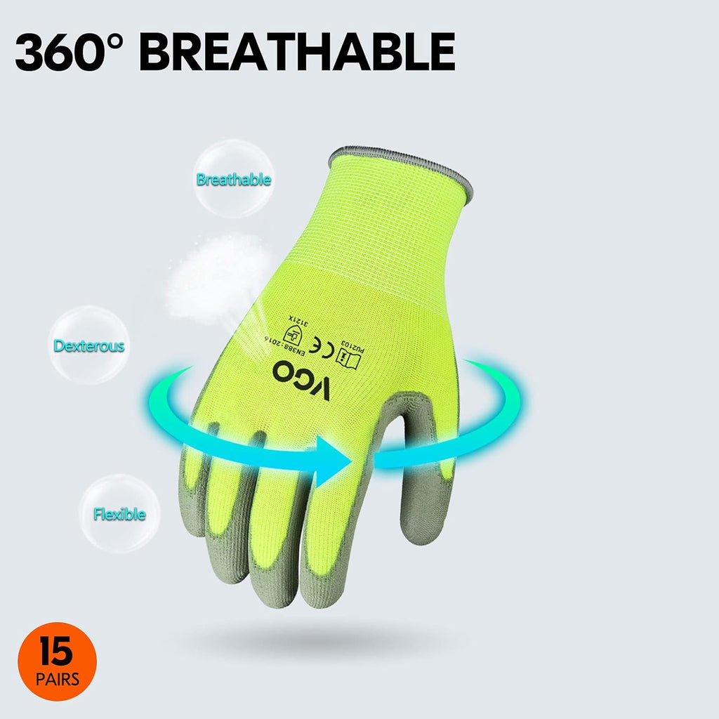Vgo... 15-Pairs Safety Work Gloves, Gardening Gloves, Polyurethane Coated, Dipping Gloves, Latex Free (Size M, Yellow, PU2103)