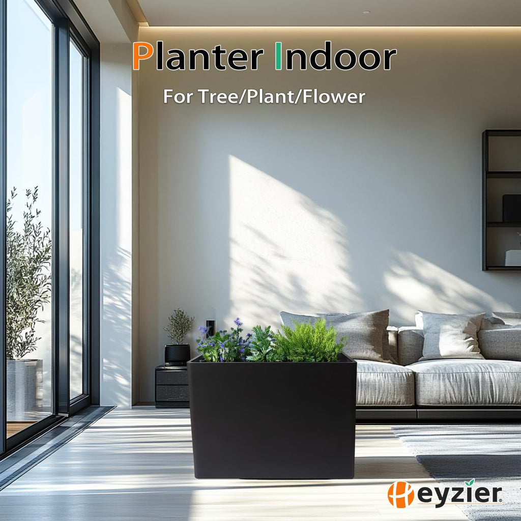 Rectangular Planter Box for Outdoor Plants, Large Tall Resin Garden Pots for Front Porch, Patio, Indoor (Black, 25 x 21 inch)