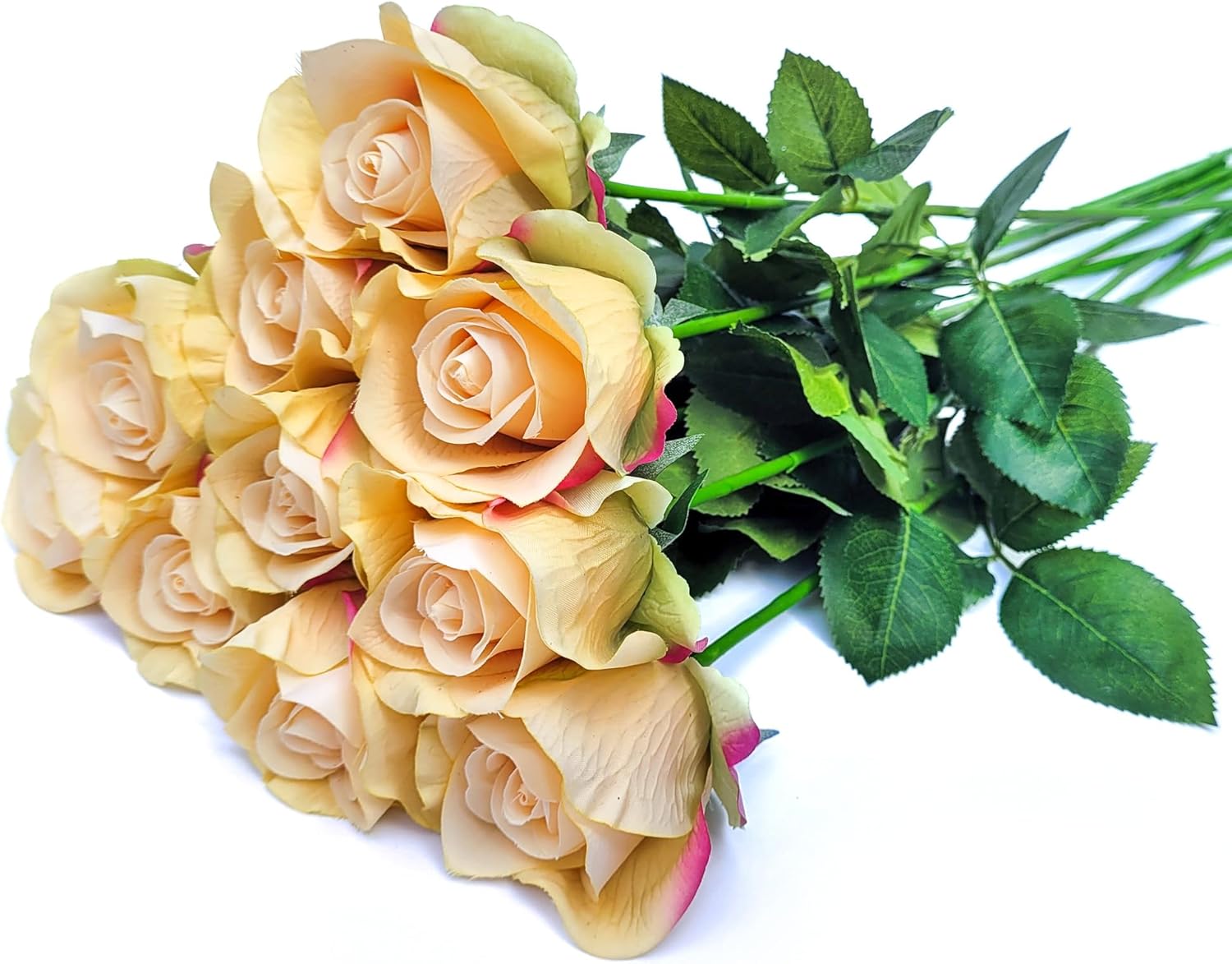 26inch Real Touch Artificial Roses - Long Stem Fake Silk Flowers with Leaves for Wedding, Home Decor, Centerpieces, Office Party, Looks Real (10,Champ)