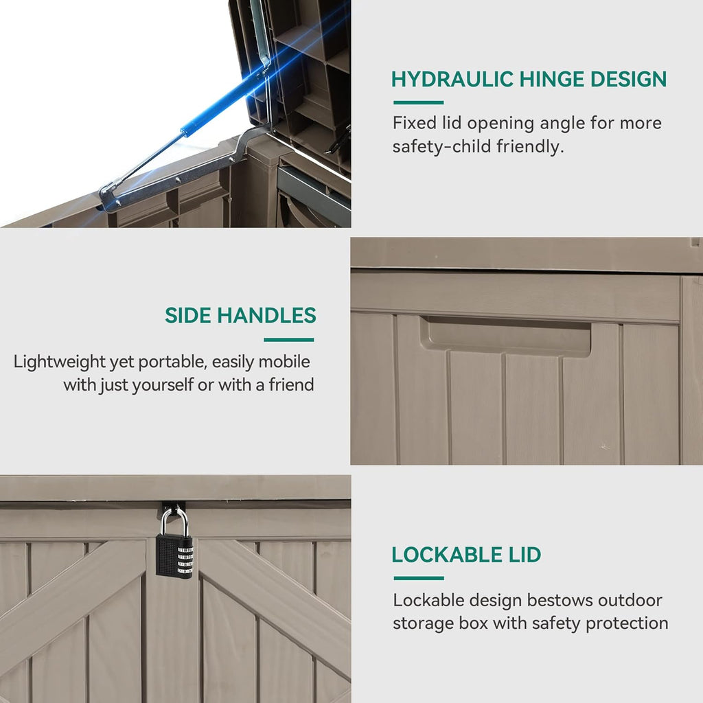 YITAHOME 120 Gallon Large Deck Box, Upgraded Resin Outdoor Storage Boxes w/Flexible Divider, Waterproof Cushion Storage Bench for Patio Furniture, Pool Supplies, Garden Tools - Lockable, Taupe