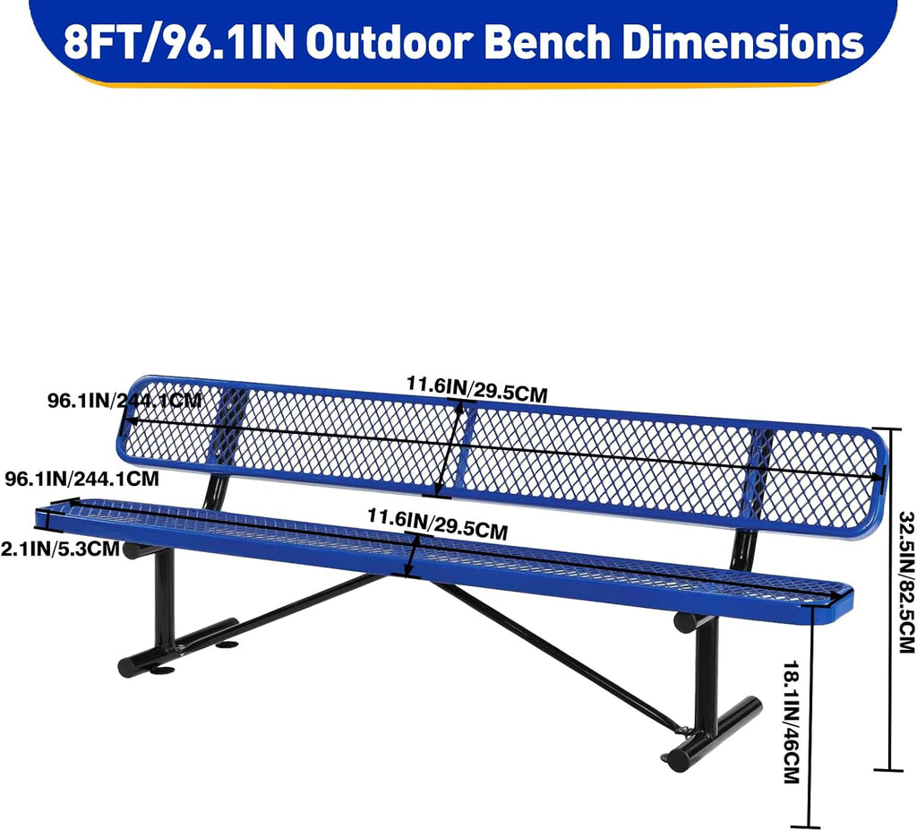 Outdoor Garden Bench, Cast Iron Metal Frame Patio Park Bench with Backrest, Portable Expanded Metal Black Bench, Commercial-Grade Outdoor Seating for Lawn, Patio, Park, Yard, Garden (Blue, 8FT/96'')