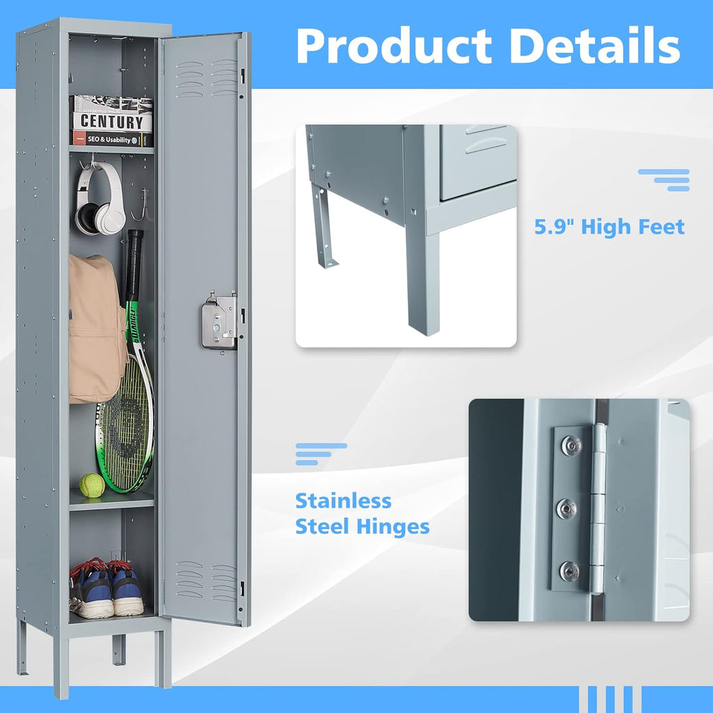 Letaya Storage Lockers with Lock Door,Metal Storage Cabinet 3 Tier with Hook for Employees, School,Gym, Home,Office(1 Door-Gray)