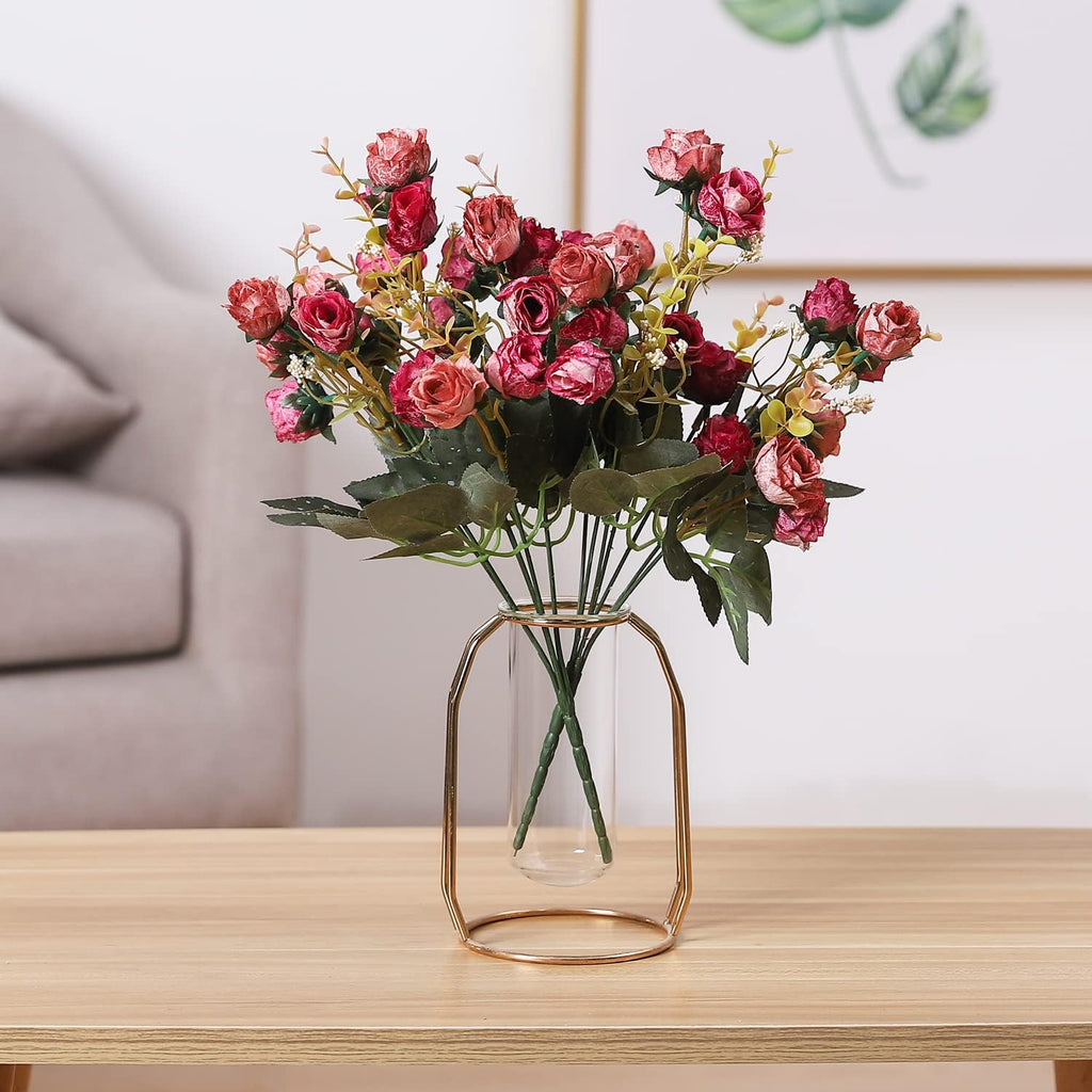 Duovlo 7 Branch 21 Mini Rose Heads Artificial Flowers Bouquet Wedding Home Office Decor,Pack of 2 (2 PCS Rose Red)